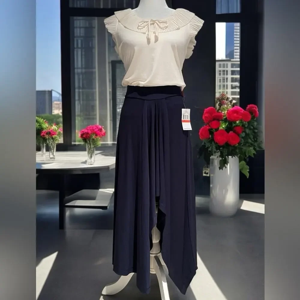 NEW Michael Kors Hi Low Asymmetrical Gathered Waterfall Jersey Skirt Navy XS NWT - Picture 6 of 16